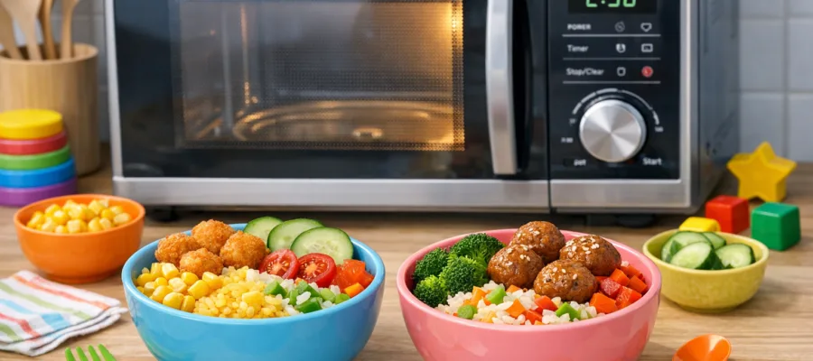 Mikrowelle Bunte Reis-Bowls fuer Kinder: einfaches Familienrezept